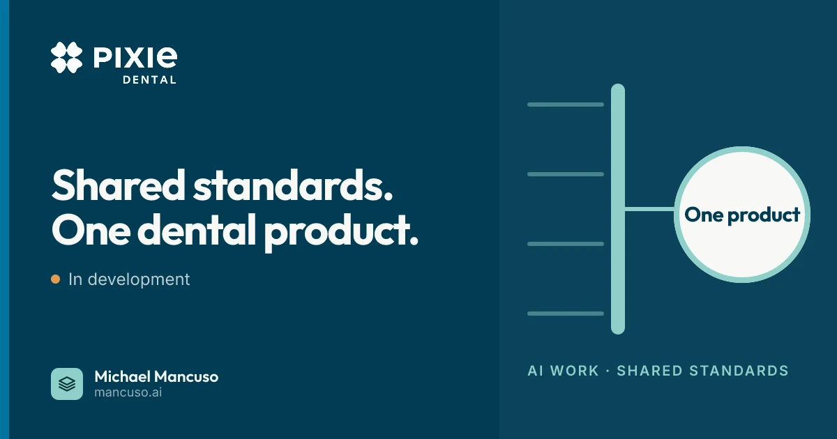 Pixie Dental: Shared standards. One dental product. Status: In development. Michael Mancuso.